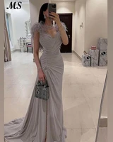 ms grey chiffon a line prom gowns spaghetti strap with feathers sweetheart long evening dress saudi arabia sweep train plus size