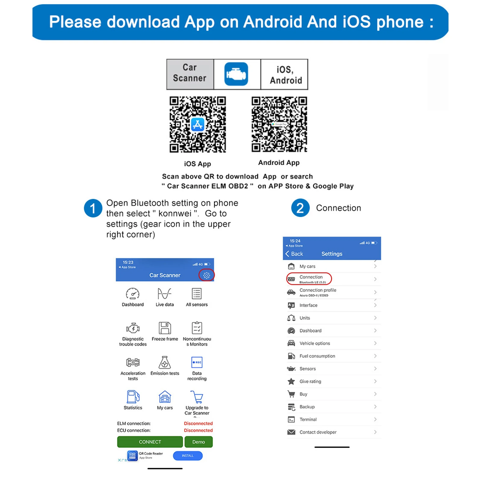 Считыватель кодов Bluetooth OBD2 для автомобилей сканер KONNWEI OBDII Android - Черный