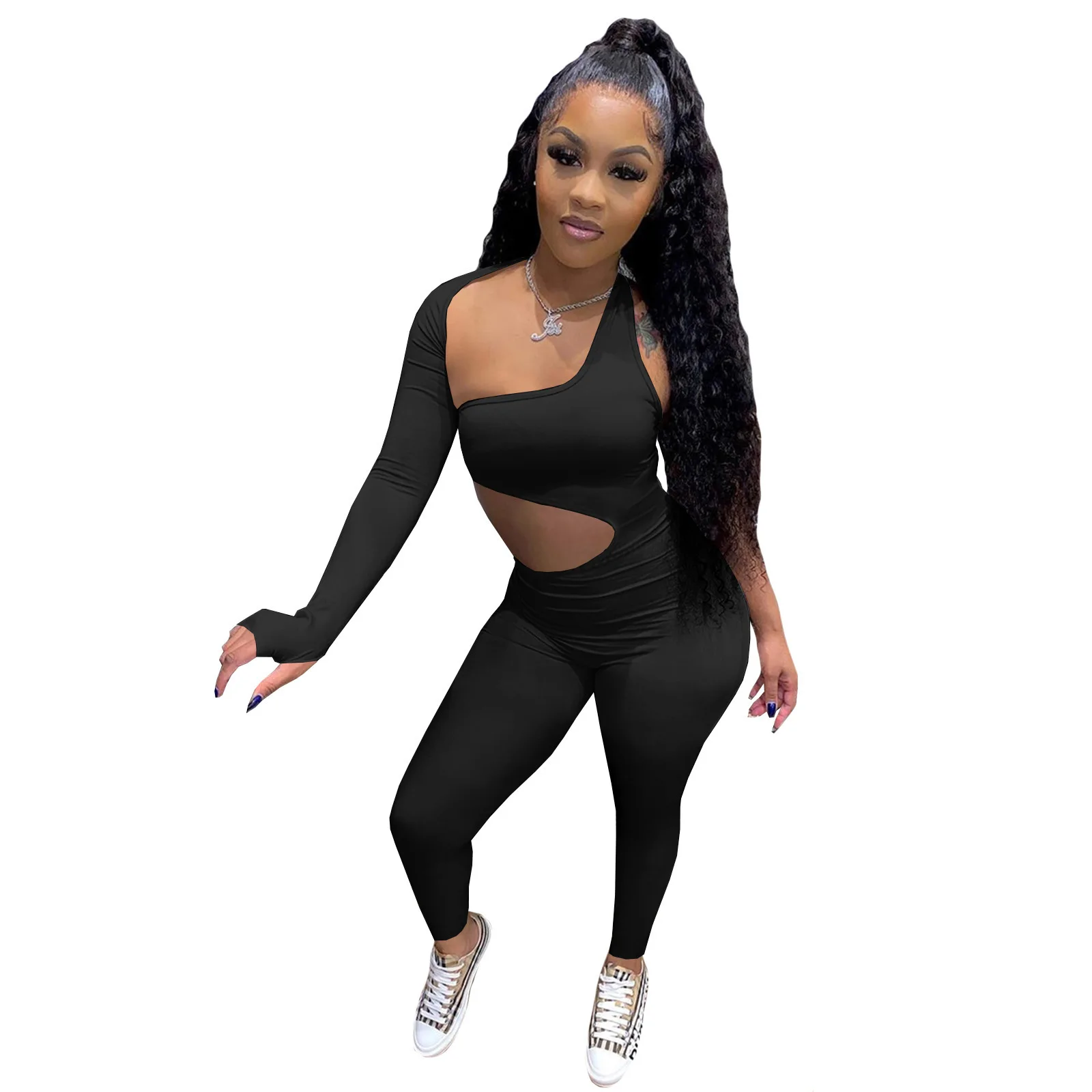 Women's Wholesale Autumn And Winter Sexy Hollow Sports Solid Color Jumpsuit Casual Wear Jumpsuit