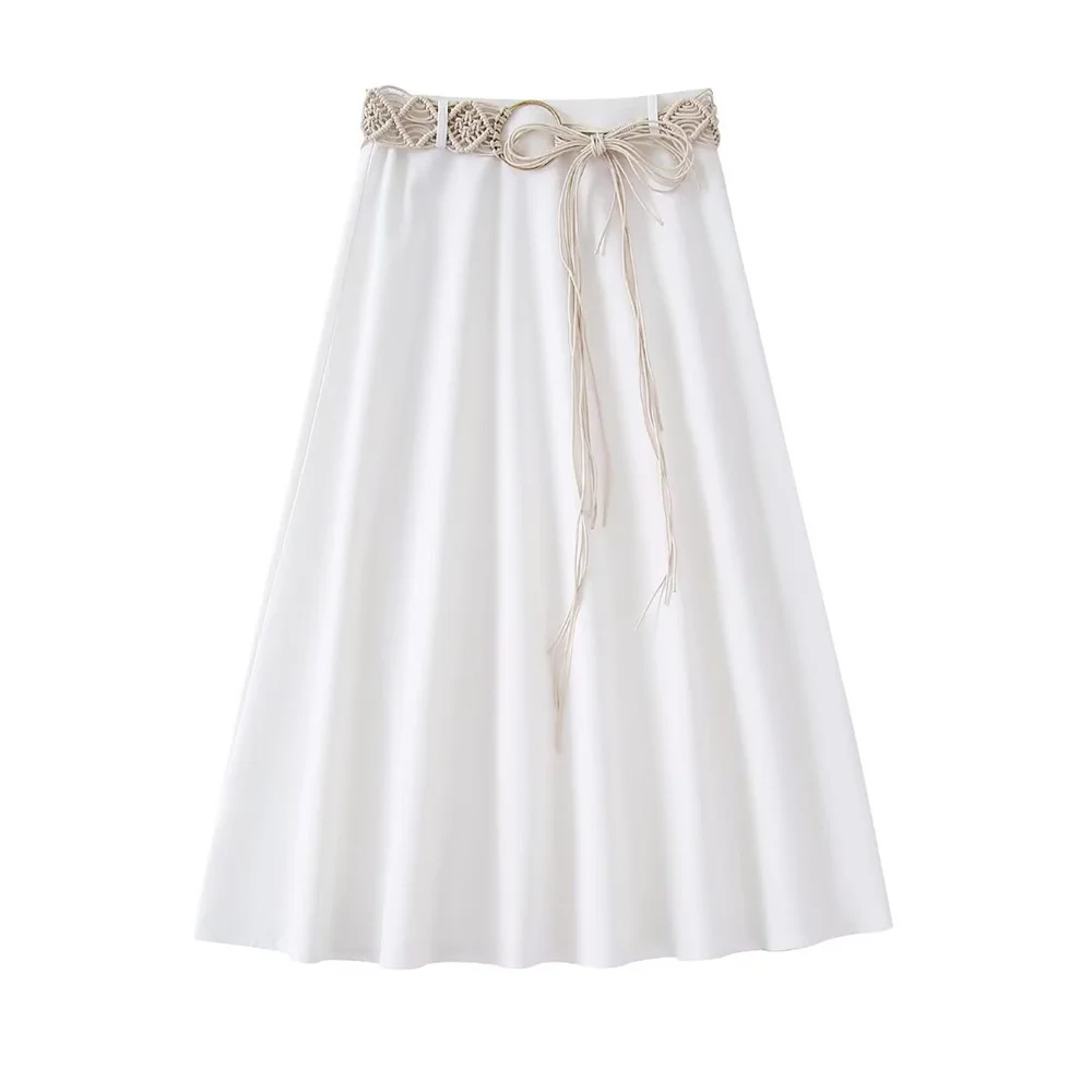 

PB&ZA 2022 Summer New Women's Clothing Cotton and Linen Blended Fabric High Waist Skirt Solid Color Belt Midi Skirt 7839570