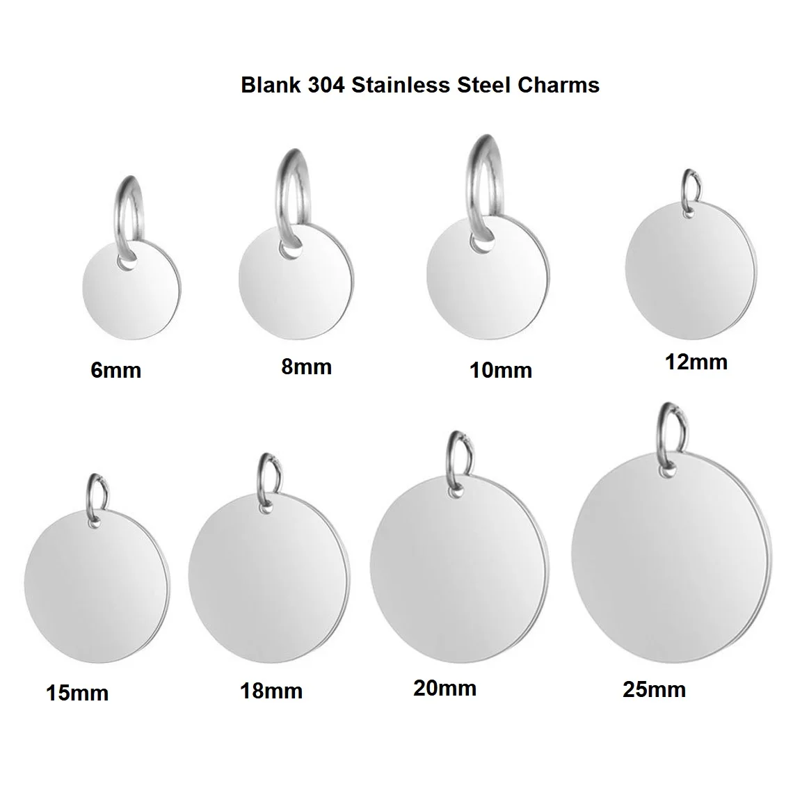 

20pcs Blank Charm Mirror Polished Stainless Steel Tag Engravable Round Charms 6mm 8mm 10mm 12mm 15mm 18mm 20mm 25mm 3 colors