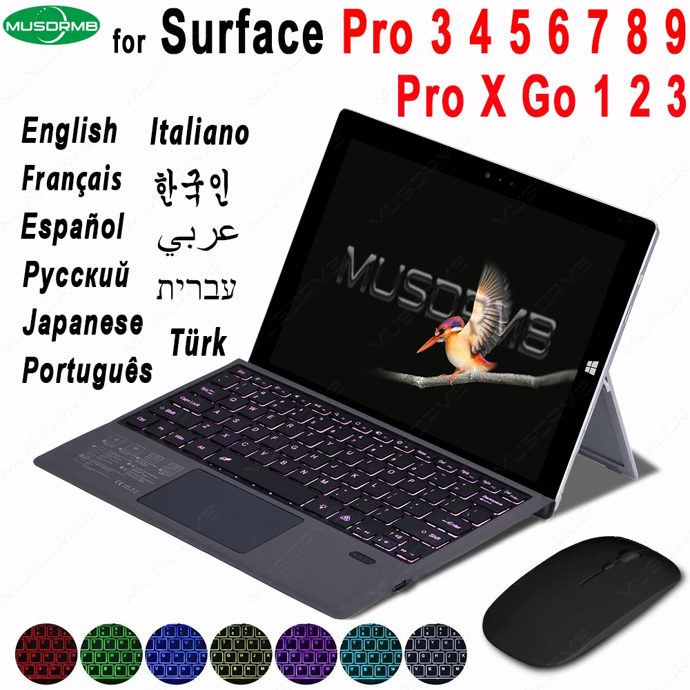 For Microsoft Surface Pro 3 4 5 6 7 8 9 Pro X Go 1 2 3 Keyboard Backlit Trackpad Wireless Arabic Russian Spanish Korean AZERTY