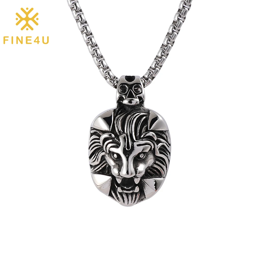 Тяжелое мужское ожерелье FINE4U в стиле хип-хоп, кулон в виде головы льва из нержавеющей стали с 24-дюймовой цепочкой из пшеницы, вечерние жерелье, ювелирные изделия на день рождения