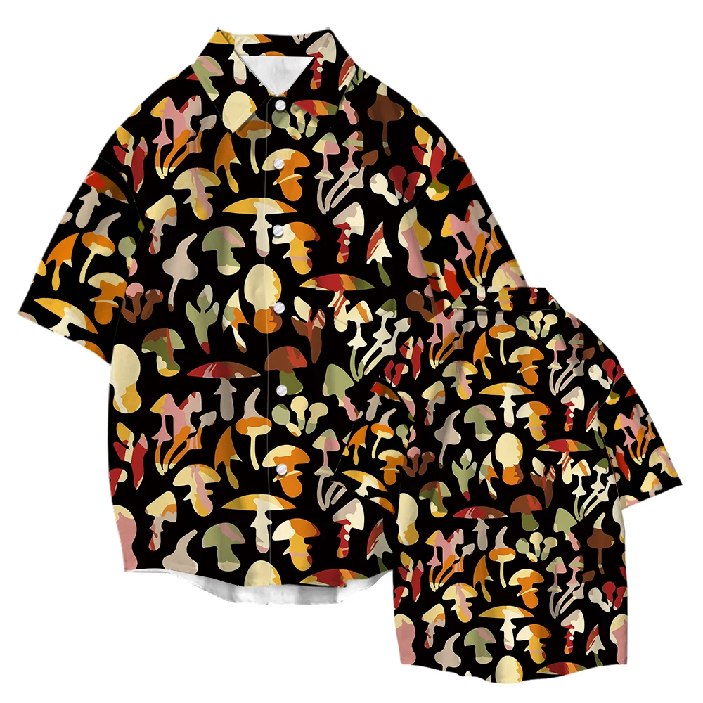 Mushroom Print 2022 Summer Short Sleeve Men's Shirts Clothing Hawaiian Beach Streetwear Vintage Loose Fashion Breathable Blouses