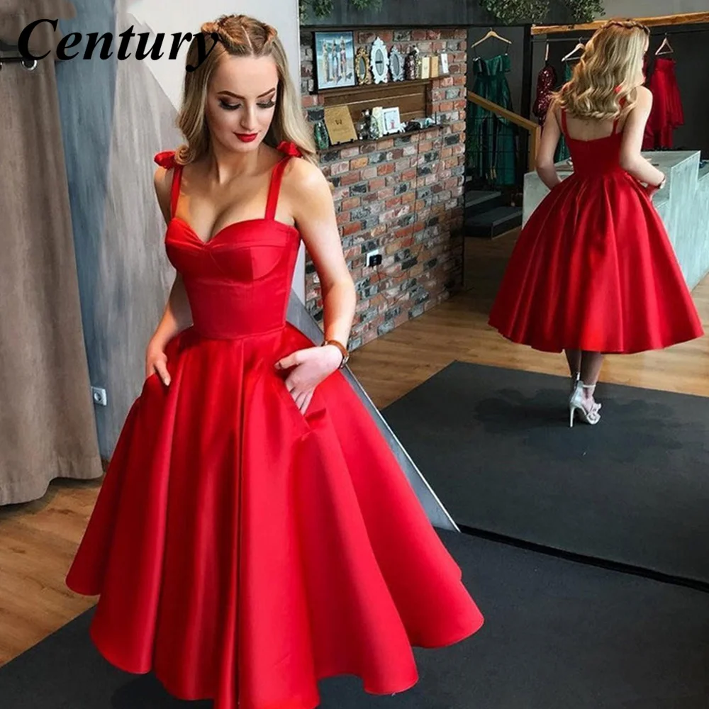 

Century Red Short Evening Dresses Formal Satin Prom Party Gowns Sweetheart Spaghetti Strap Open Back A-line Beach Princess Dress