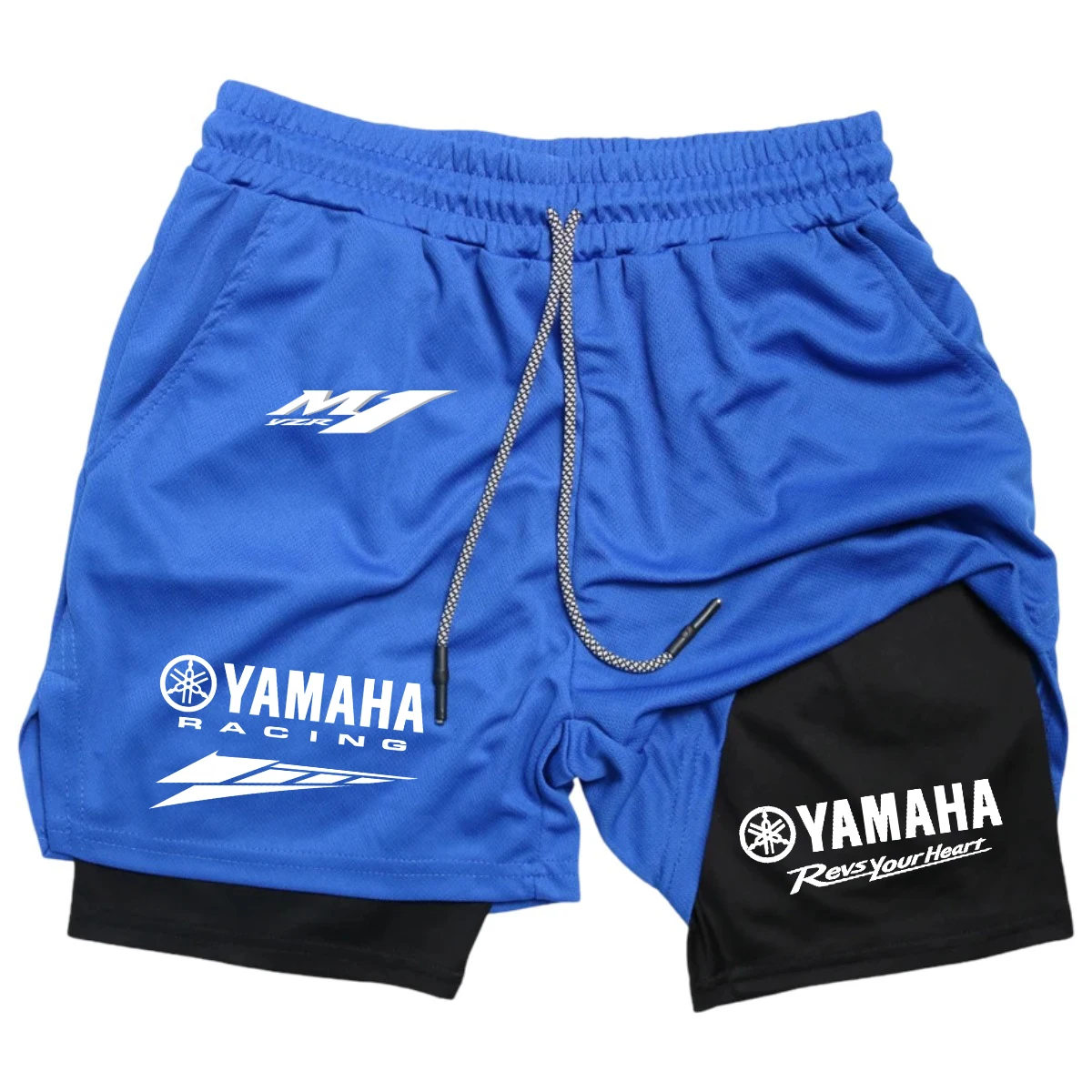 Фото Мужские летние беговые шорты YAMAHA Racing Team 2-в-1, двухслойные, для спортзала, удобные, дышащие, спортивная одежда для активного отдыха №2