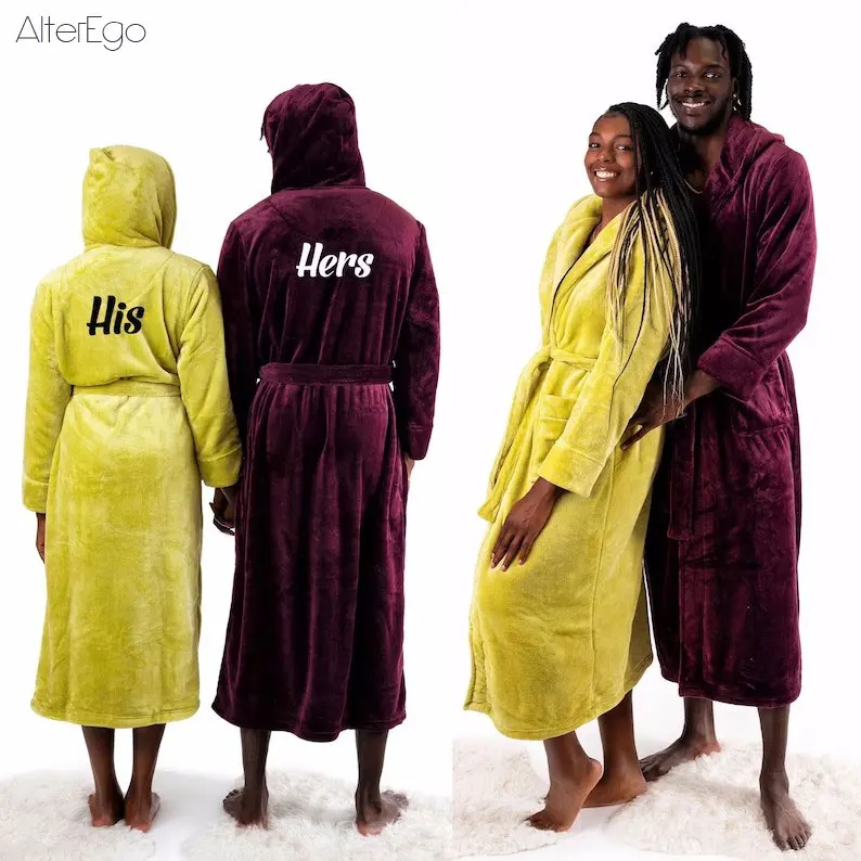 Custom Hooded Bathrobes for Couple Men's Flannel Long Bathrobe Wedding Winter Thick Bathing Robe Honeymoon Groom Bride Bath Robe