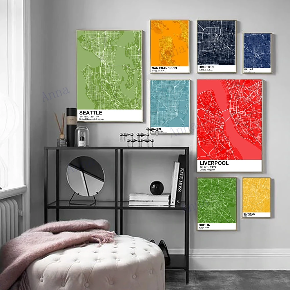 Карта города Хьюстона Майами Настенная картина для гостиной с цветным рисунком