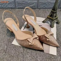 crystal rhinestone pointed toe women sandals bling bling bow back strap slingback shoes stiletto heel hollow sandals pumps