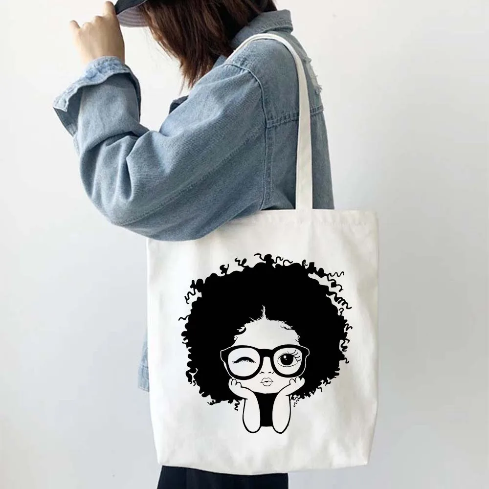 

Peekaboo Girl With Puff Afro Ponytails Cute Black African Kids Shopping Bag Canvas Reusable Summer Large Shoulder Handbags
