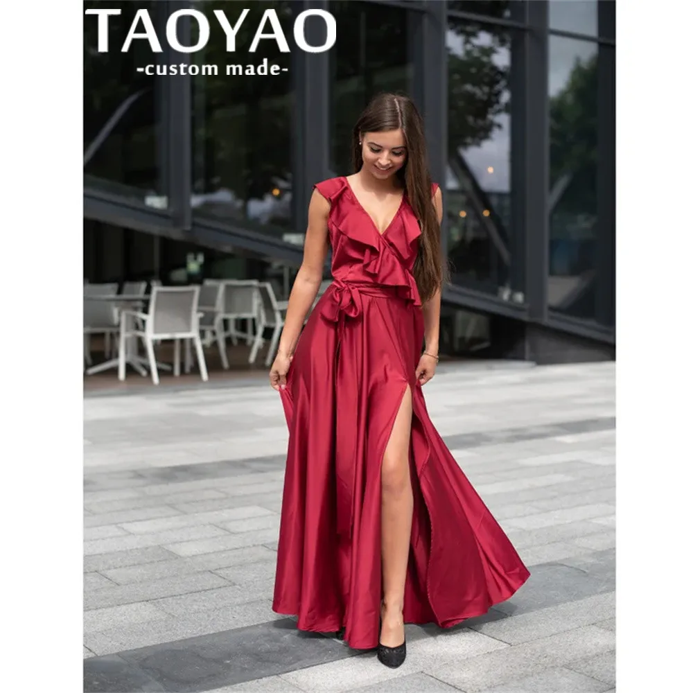 

Sexy Deep V Neck Long Evening Dresses A Line High Split Prom Dress For Women Party Satin Backless 2022 Popular Robe De Soriee