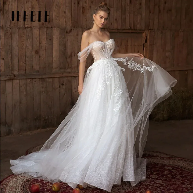 

Женское кружевное платье с открытыми плечами, открытой спиной JEHETH Sweetheart Пляж Богемия Женское свадебное платье кружево Платье невесты с обнаженной спиной
