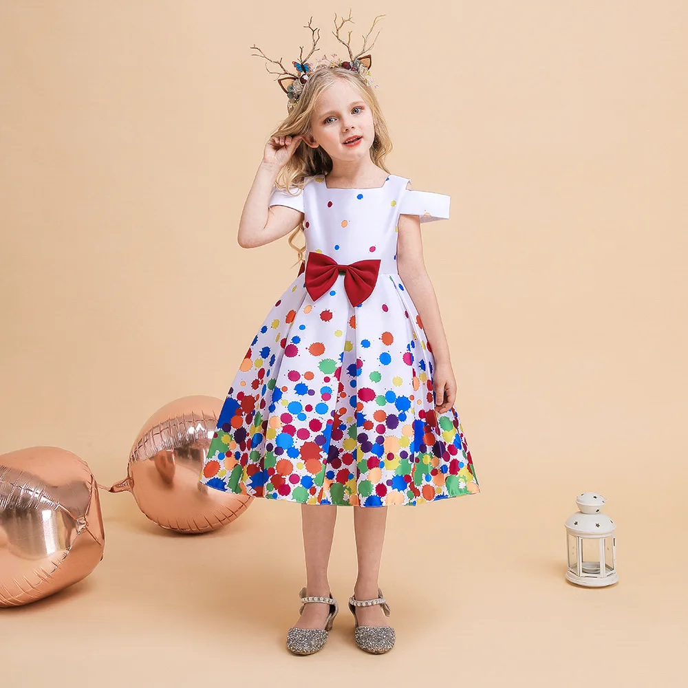 Colorful Polka Dots Printed Children Formal Dress Christmas Dance Catwalk  Cosplay Girl Clothes Vestidos YT016