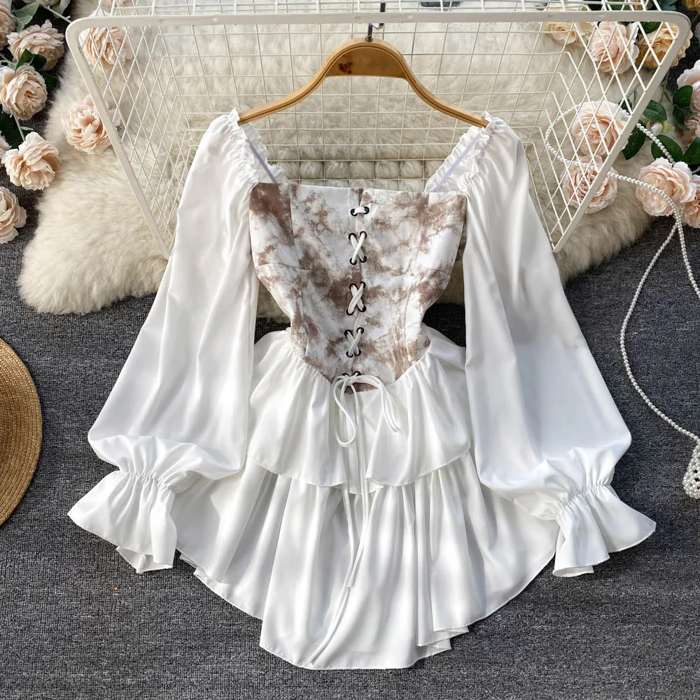 

Women Long Sleeve Tutu Princess Dress Square Collar Mesh Ruffle Bubble Skirt Wedding Evening Party Prom Mini Fairy Ball Gown Dre