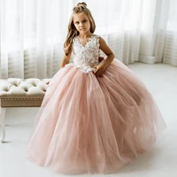 pink lace kids wedding dress for girls first communion evening bridesmaid dresses v neck lace children girl princess party dress
