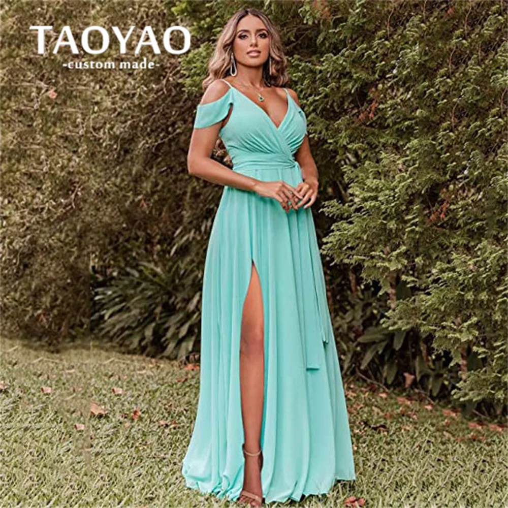 Купи Pretty A-Line Party Dresses V-Neck Evening Dresses Backless Split-Front Prom Dress Spaghetti-Strap Off-Shoulder Robes De Soirée за 6,086 рублей в магазине AliExpress