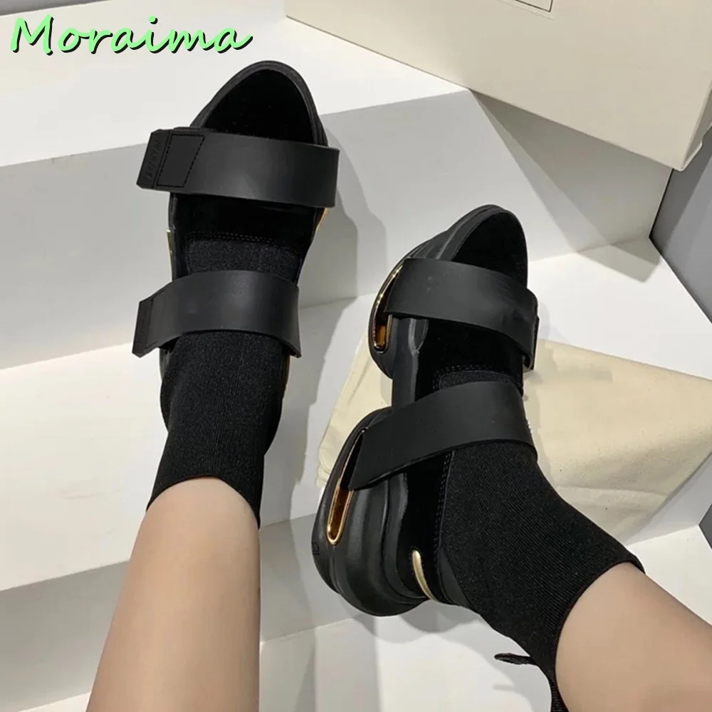 Round Toe Hook Loop Ankle Sock Boots Stitching Hollow Thick Bottom Slip On Black Solid British Style Fashion Women Shoes Autumn