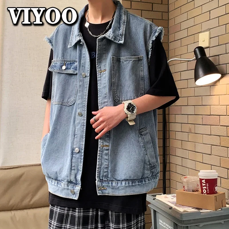 Жилет мужской джинсовый без рукавов винтажная одежда из денима спортивная