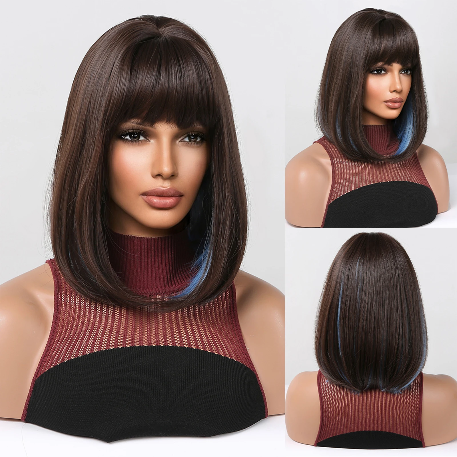 EASIHAIR Bob Synthetic Brown Wigs for Women Short Straight Hair Blue Highlights Bangs Wig Female Cosplay Party Heat Resistant