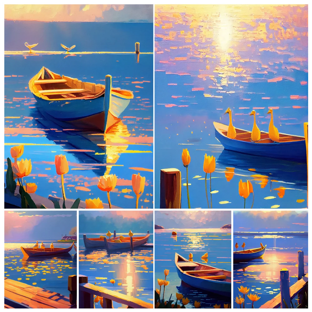 

Boat By the Sea Oil Painting by Numbers, Seascape DIY Acrylic Artwork, Canvas Art Gift, Dropshipping Kit, Home