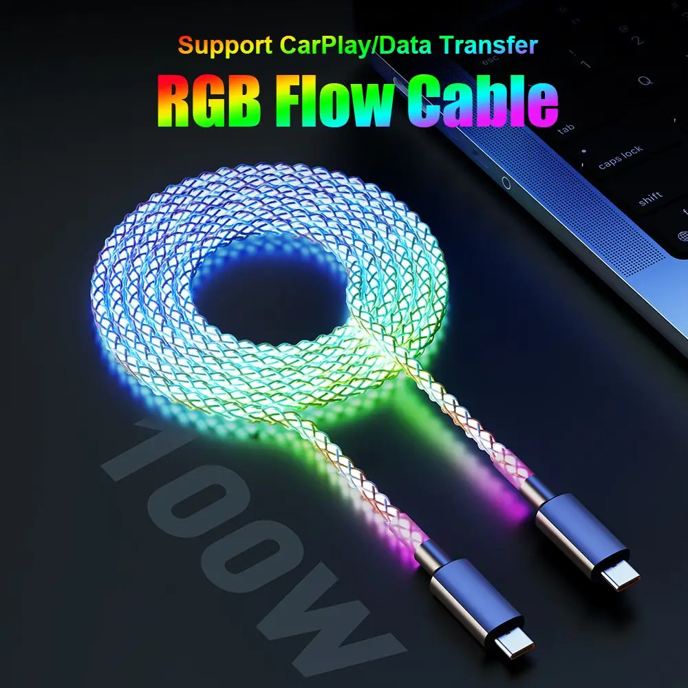 Кабель для быстрой зарядки с RGB-подсветкой 100 Вт 66 USB Тип C кабель передачи данных