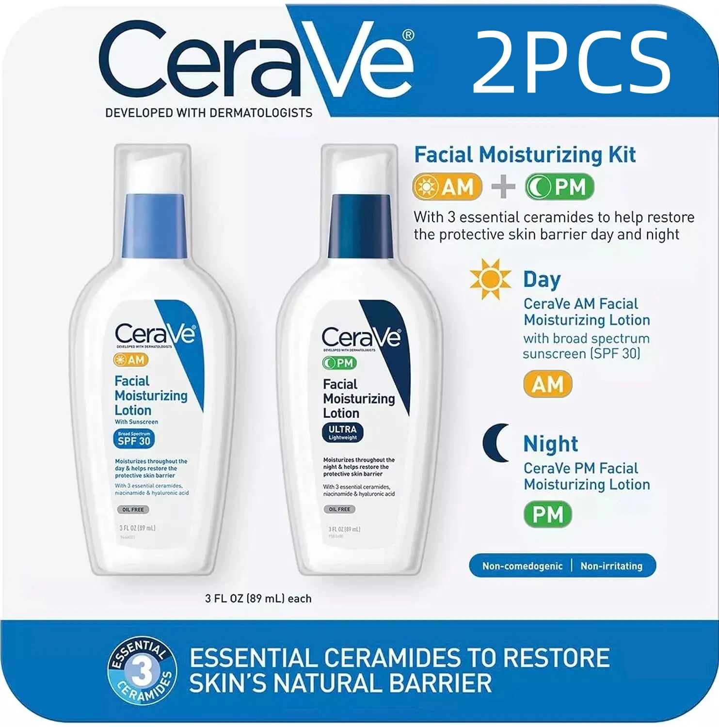 

2PCS CeraVe AM & PM Facial Moisturizing Lotion With Sunscreen SPF 30 Protection Cream Oil-Free Ultra Lightweight Whitening 89ml