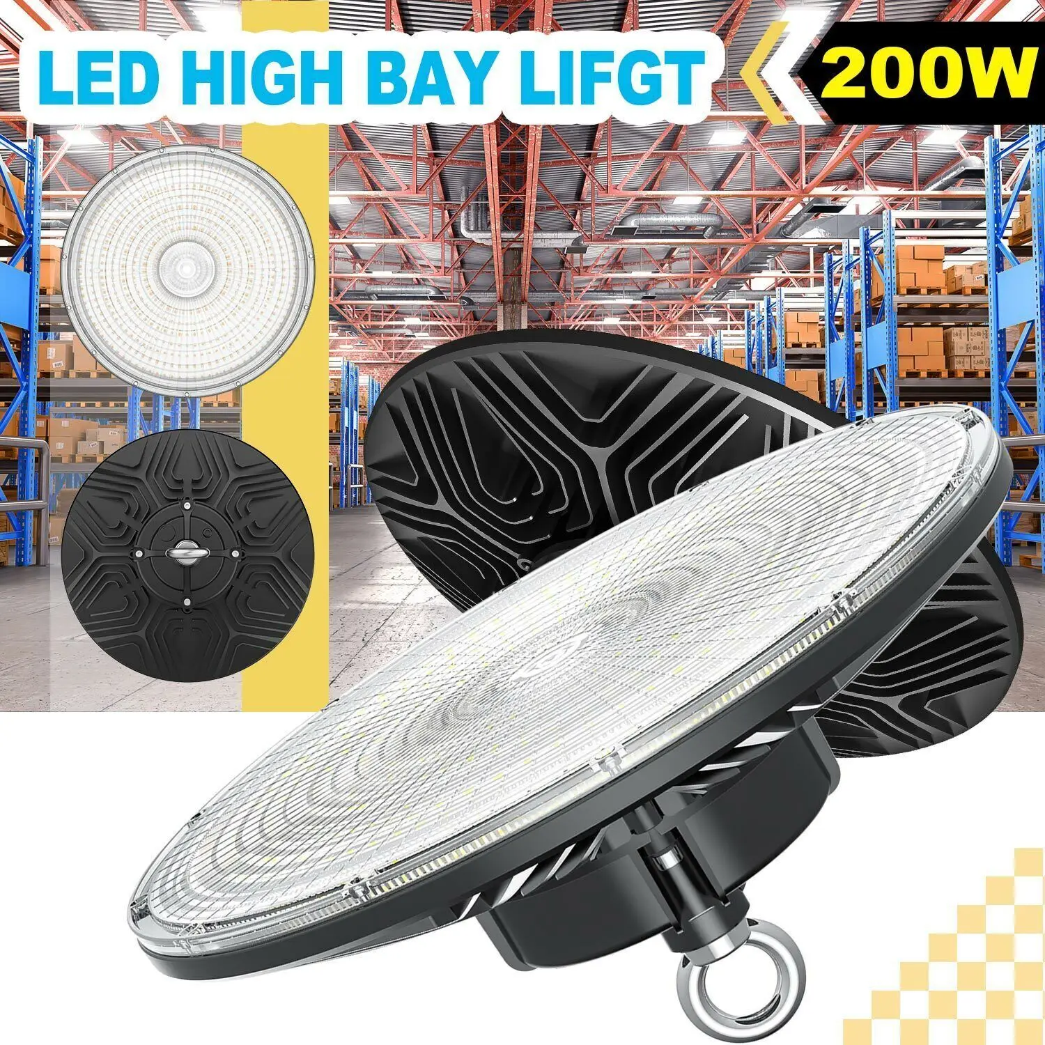 200W UFO LED High Bay Light 0-10V Dimmable Shop Lights 5000K Commercial Warehouse Work GYM Lighting Fixture IP65 Waterproof UL