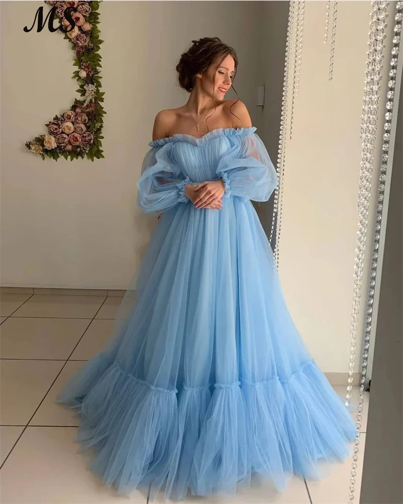

MS Sky Blue Tulle A Line Evening Dress Fairy Off The Shoulder Puff Sleeves Simple Prom Gowns Floor Length For Special Occasion