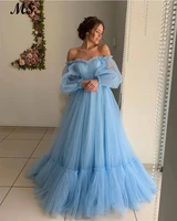ms sky blue tulle a line evening dress fairy off the shoulder puff sleeves simple prom gowns floor length for special occasion