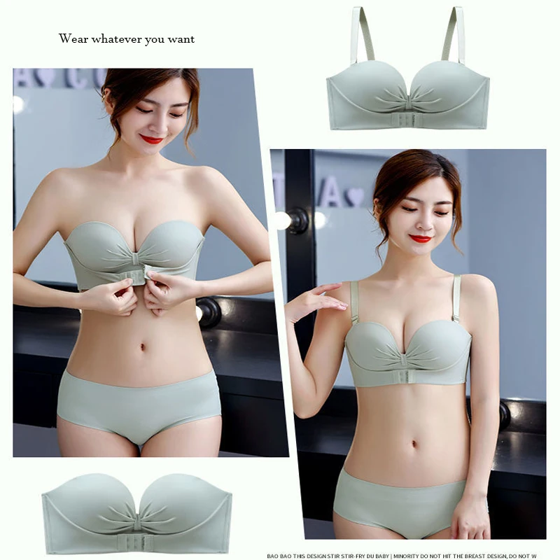 Women's Bra New Seamless Front Buckle Bra Women Sexy Strapless Push Up Bra Front Glossy Lnvisible Non-Slip One-Piece Push Up Bra