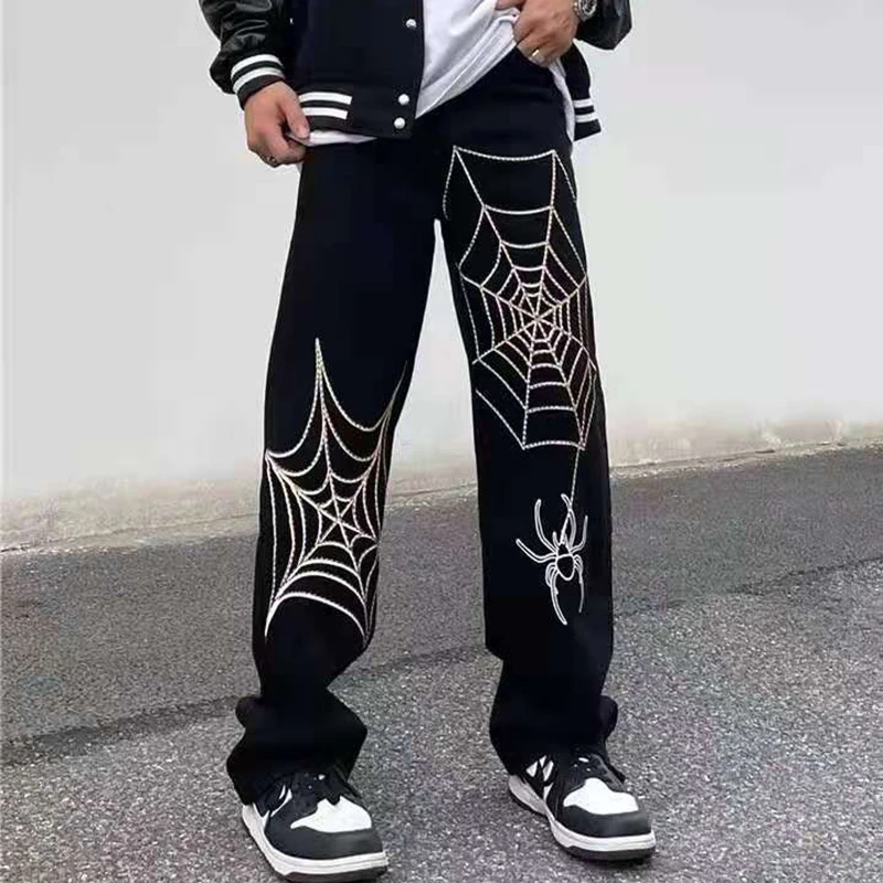 Spider Web Embroidery Straight Casual Jeans Pants For Men Women Streetwear Y2K Vibe Style Ripped Oversize Loose Denim Trousers