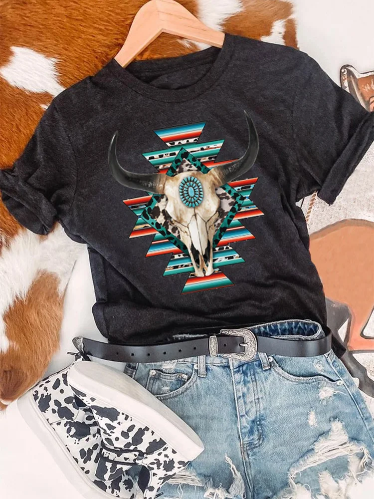

Women Vintage Western T-Shirt Boho Cow Skull Rodeo Shirt Bull Skull TShirt Aztec Geometric Steer Skull Turquoise Tee Shirt