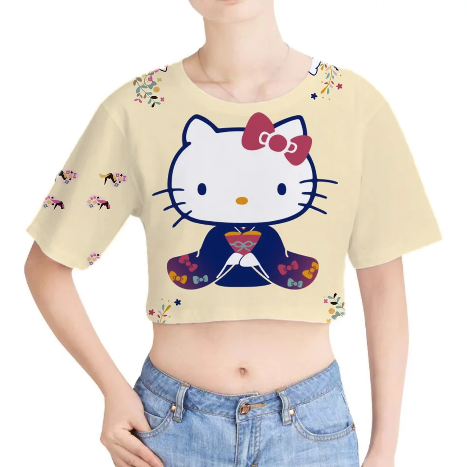 

Женские летние футболки котенок с 3D-принтом «Hello майки», футболки с коротким рукавом и графическим принтом в стиле Харадзюку, футболки, улич...