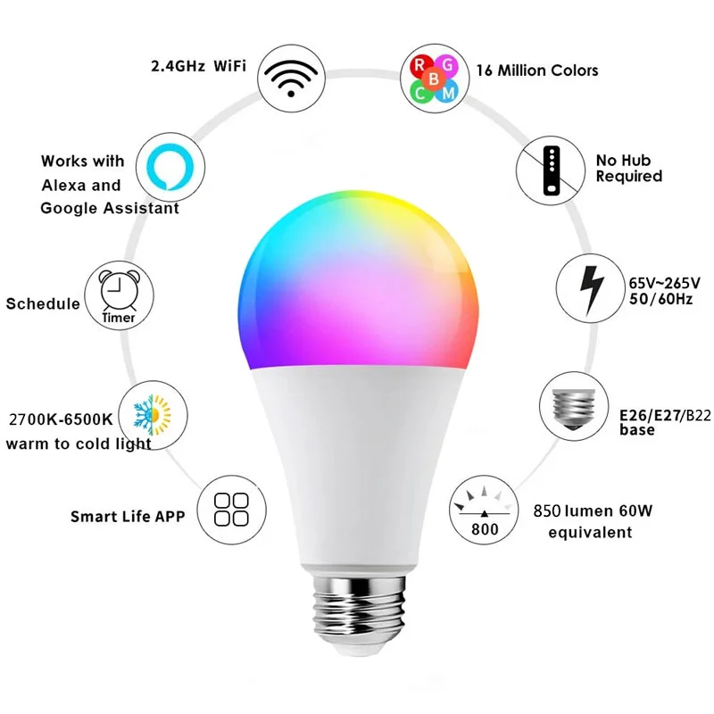 E27 LED RGB Lamp Spotlight Bulb 9W WiFi Smart Light Bulb 100-265V RGB+CW+WW LED Color Change Works with Alexa/Google Home images - 6