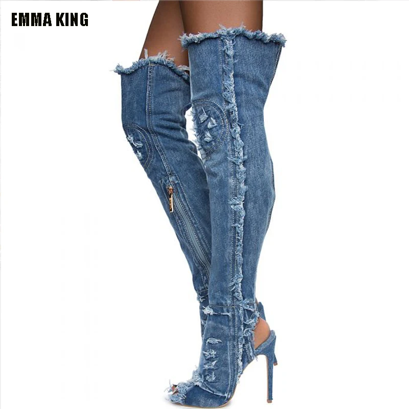 

Женские облегающие джинсовые сапоги, сапоги выше колена на высоком каблуке-шпильке с открытым носком, Размеры 35-44, весна-осень 2022