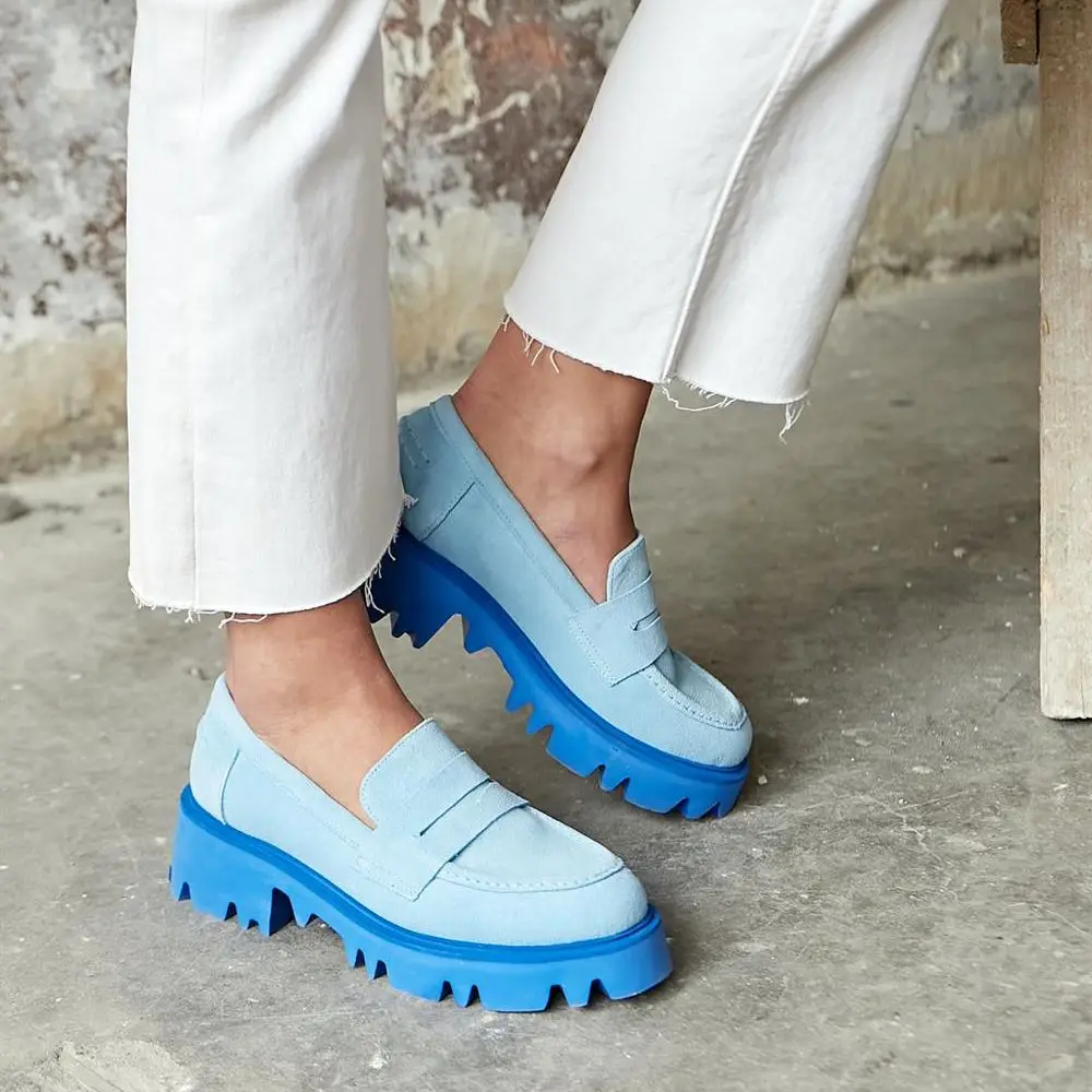 Aysu Quality Genuine Leather Flat Platform Light Sole Loafer Poshnmore Gold Silver Orange Green Blue Pink Fuchsia Smoked Oxford