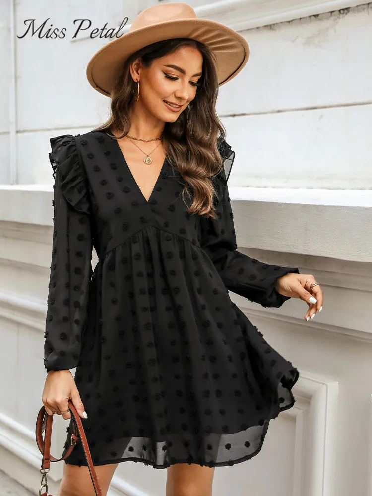 

Black Clip Dot Ruffled Chiffon Mini Dress For Women Sexy V-Neck Long Sleeve A-line Party Dress 2023 Spring Autumn Female Dress