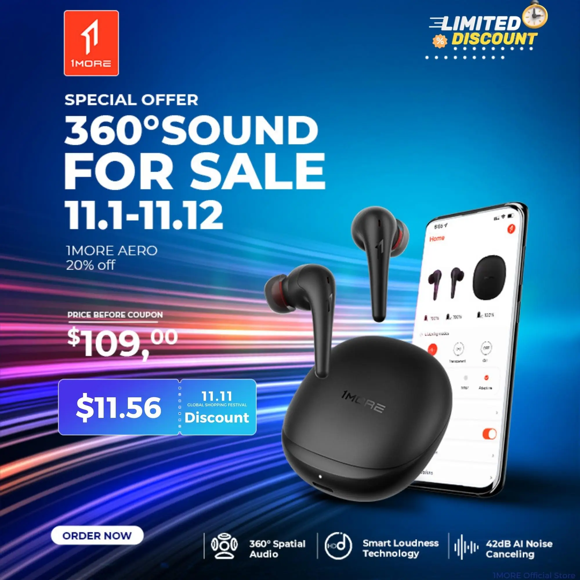 1MORE AERO 360° Spatial Audio Беспроводные наушники Bluetooth 5.2 42 дБ Гибридные наушники с шумоподавлением ANC Smart Loudness, динамический драйвер DLC, 12 эквалайзеров, 6 микрофонов TWS, беспроводная зарядка