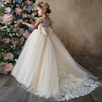 ivory lace flower girl dress tulle satin cap sleeves kids communion dress back bow tulle layers ball gown