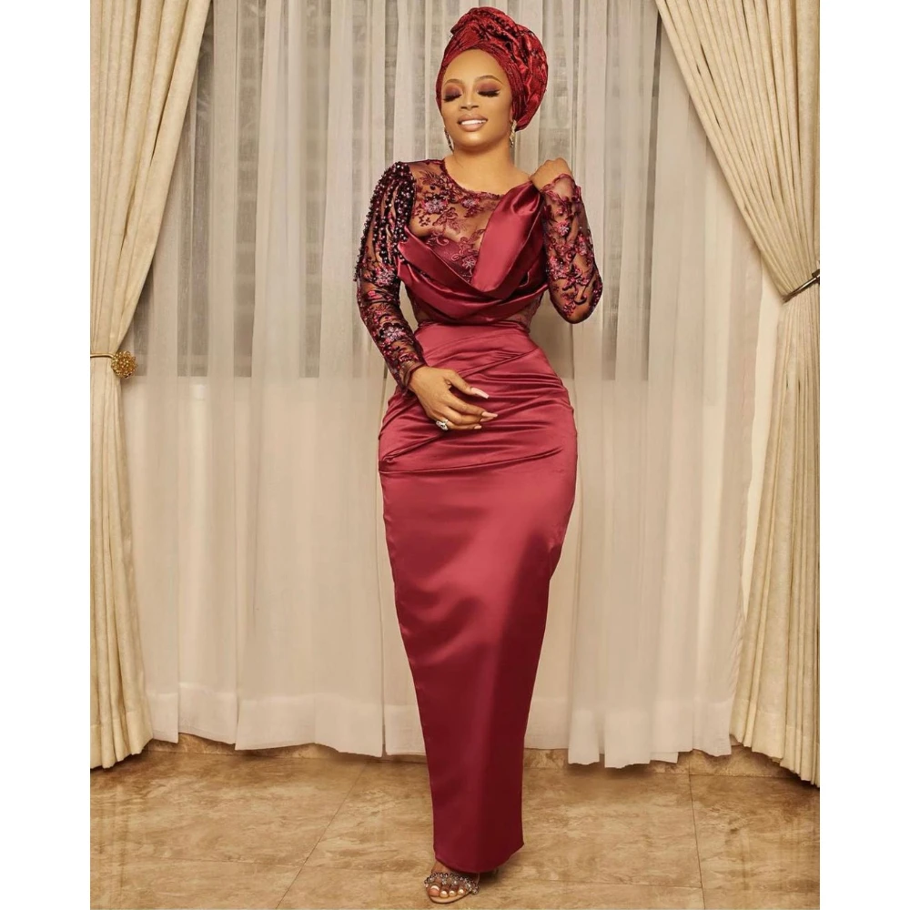 

Arabic Burgundy Evening Dresse Appliques Beads Long Sleeves Formal Prom Gowns for Wedding Sweep Train Celebrity Party Dress