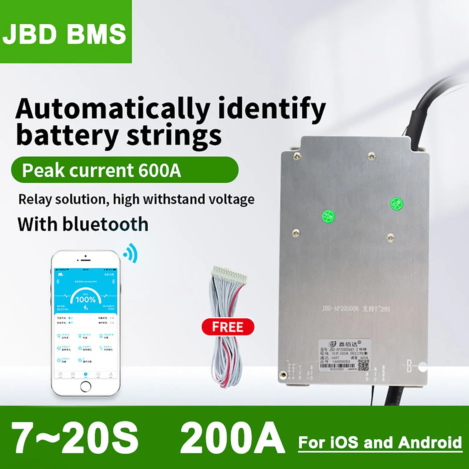 

JBD Smart BMS Lifepo4 7S 8S 10S 12S 13S 14S 16S 20S 200A Balance Board 36V 48V 60V 72V Peak Current 600A For Liithium Battery