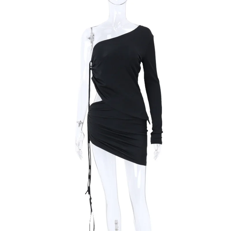 Women Drawstring Skirts Sets Sexy One Shoulder Two Piece Sets Autumn Long Sleeve Tops+Mini Skirts Suits Solid Party Dress Sets