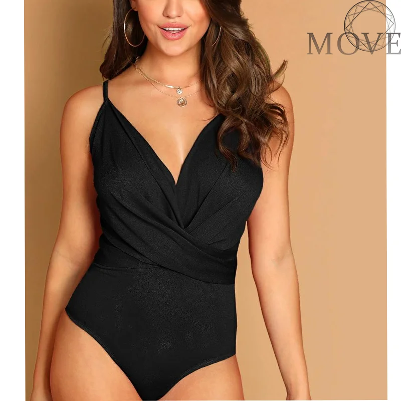 

Sleeveless Bodysuit Women Black Sexy V-Neck Skinny Women Rompers Bodysuits Satin Spaghetti Strap Backless Top Festival Clothing