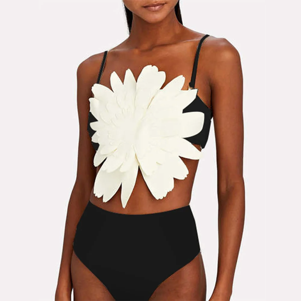 

Fashion Three-Dimensional Flower Colorblock Bikini Holiday Beachwear Designer Bathing Suit High Waist Summer Surf Wear