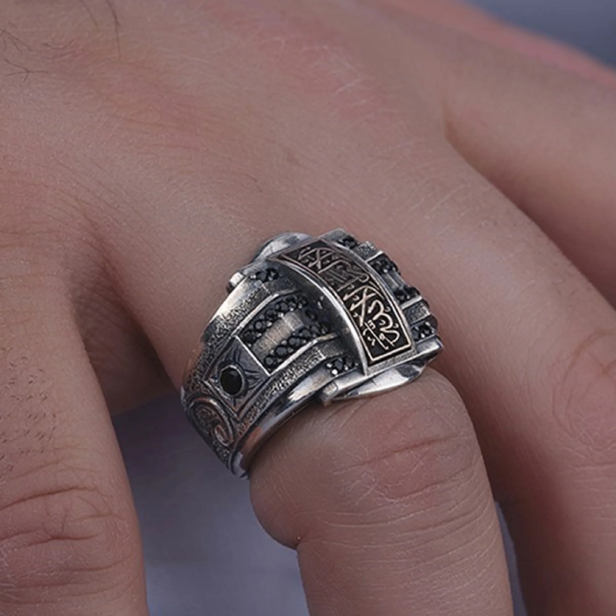 Mens Silver Ring Adjustable 925 Sterling Silver Handmade Jewelry Turkish Ring Arched Ring Black Zircon Stone Natural Rings