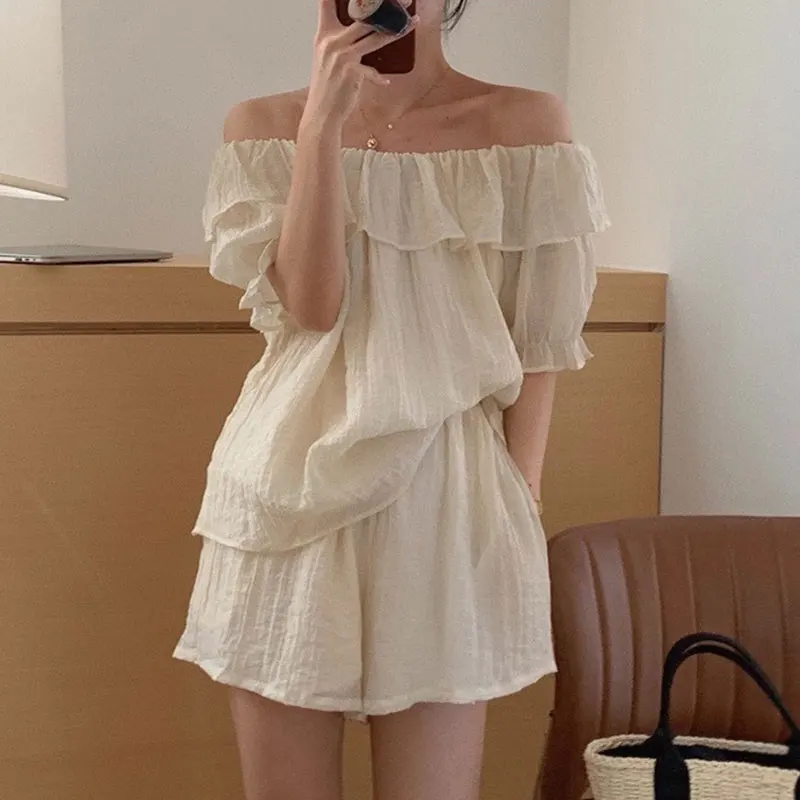 

Clothland Women Fashion Ruffled Blouse Shorts Suit Off Shoulder Slash Neck Shirt Mini Shorts Summer Sexy Two Piece Set TZ590