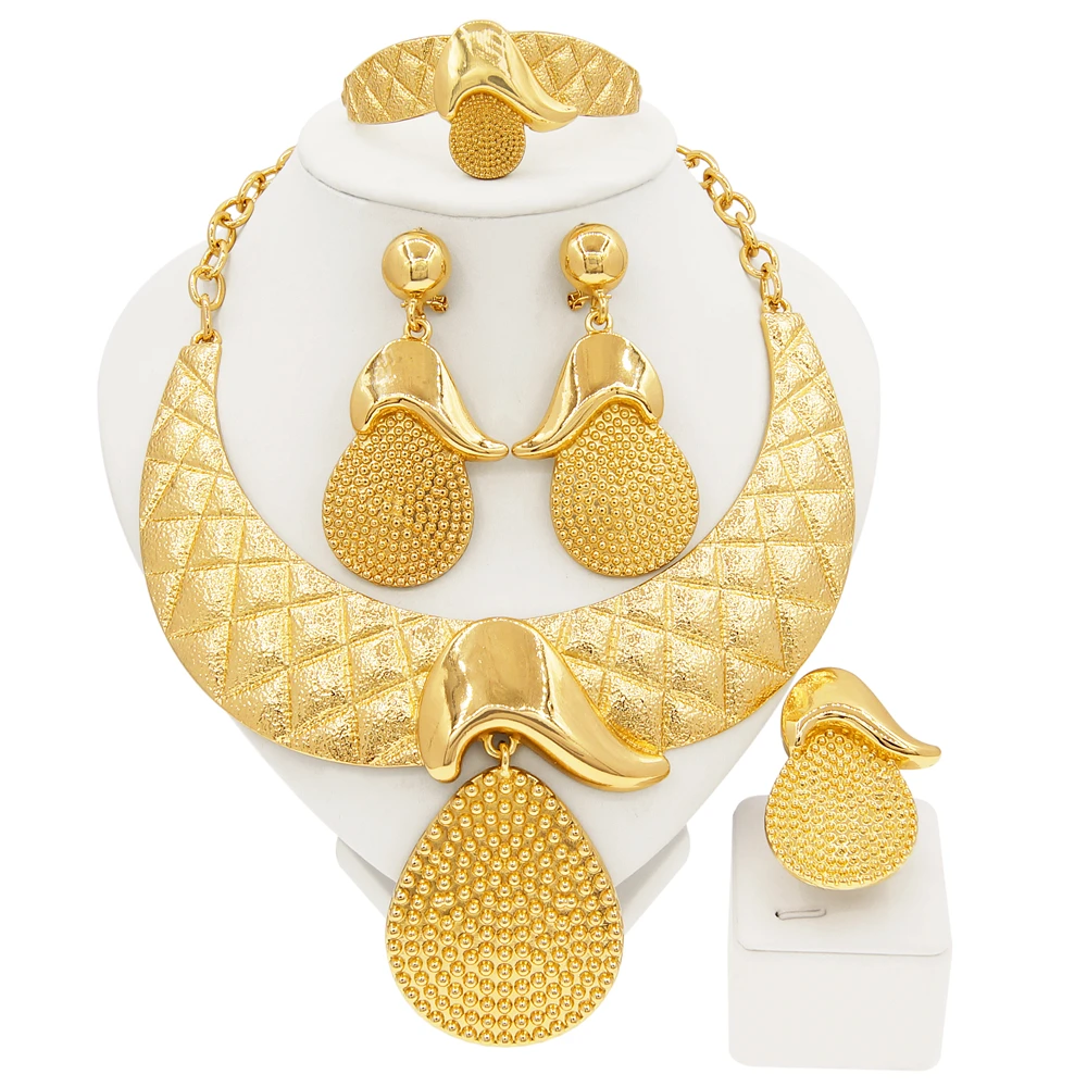 Jewelry Sets For Women Plating Gold Color Large Pendant Necklace Earring Bracelet Everyday Wear Nigerian Style Design