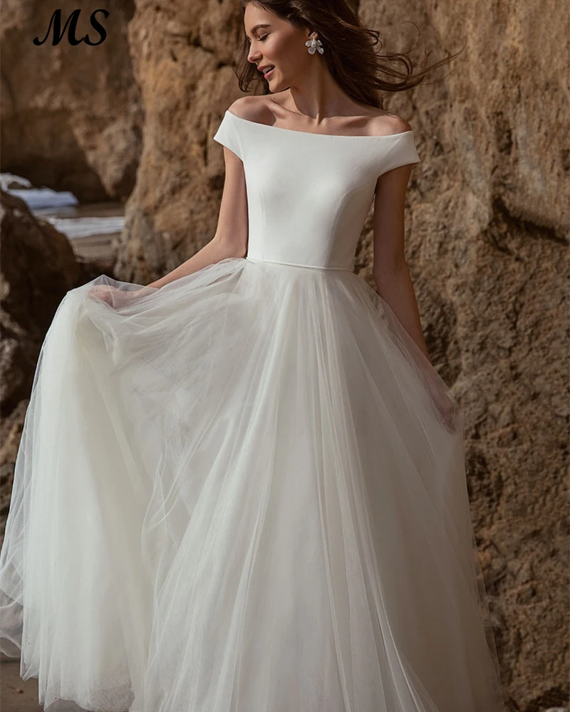 

MS White Simple Wedding Dress Off The Shoulder Sleeveless Pleats Robe De Mariee Women Formal Bridal Party Gowns Custom Made 2022