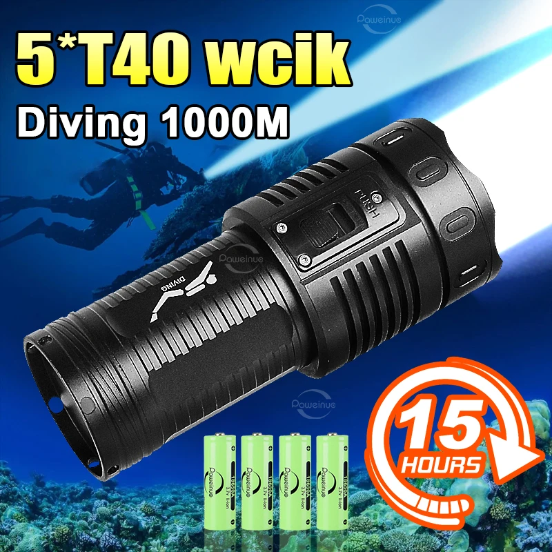 

Самый мощный фонарик для дайвинга 5 * T40, профессиональный дайвинг, 1000 м, перезаряжаемый подводный фонарик, светодиодные фонарики для подводного плавания