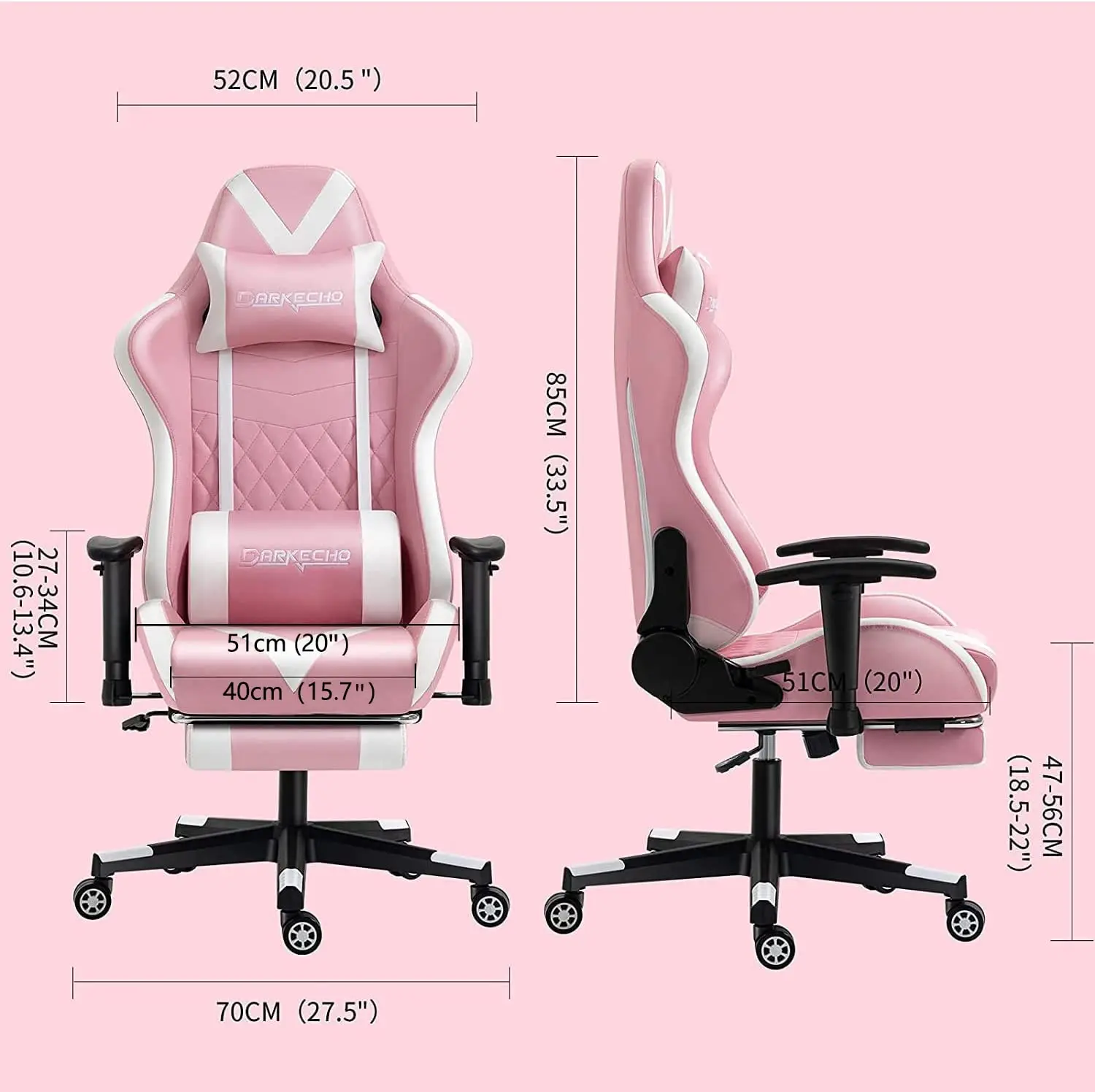 

Darkecho-Pink Gaming Chair with Footrest, Massage, Racing, Office, Computer, Ergonomic, Reclining, Video Game, Adjus